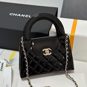 CHANEL Black Patent Quilted Mini Top-Handle Bag with Chain